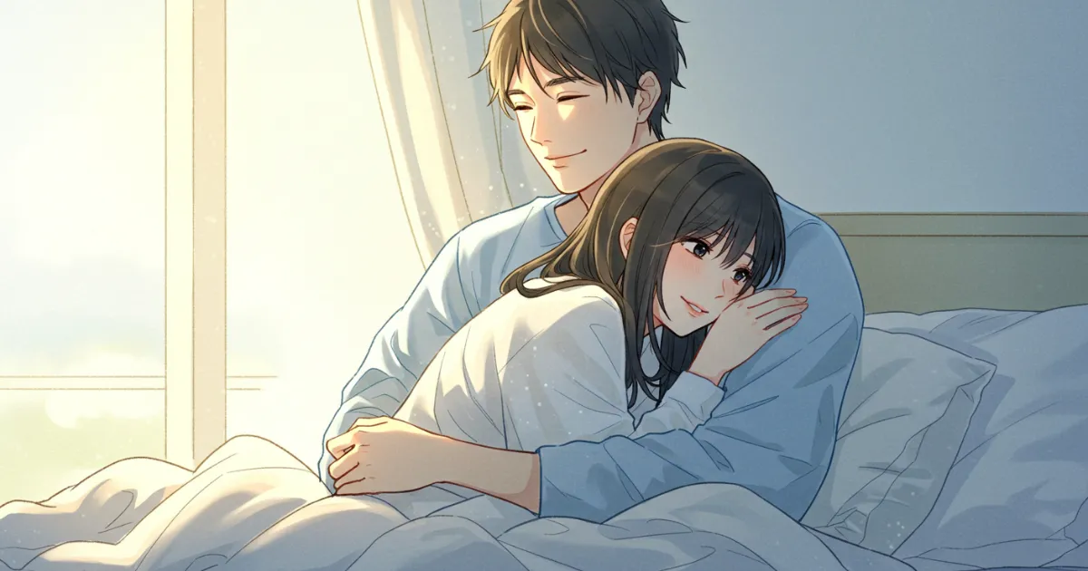 ED治療薬でEDを治療できた彼氏と彼女がベッドで抱き合っているイラスト