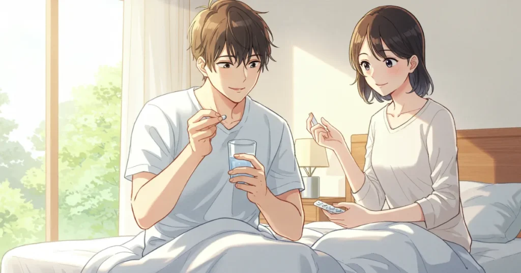 彼氏のEDに治療薬をおすすめする彼女のイラスト