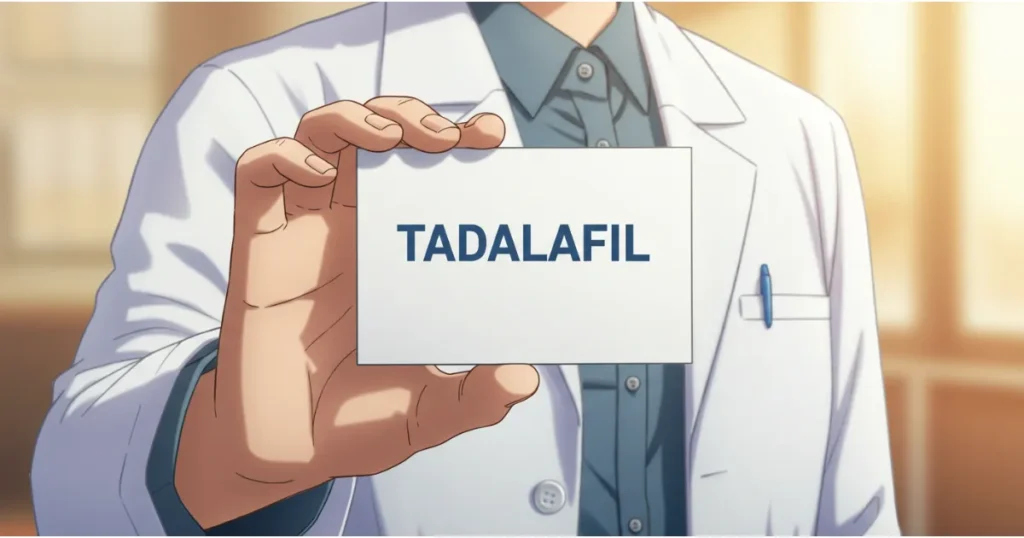 「TADALAFIL」と描かれたカードを持った医師の手をアップしているイラスト