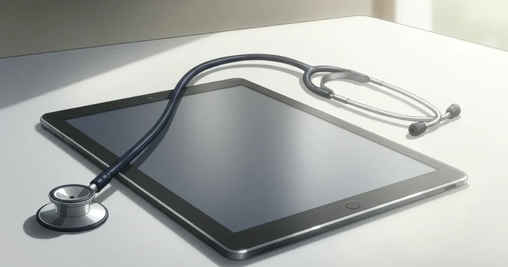 タブレットの上に聴診器が置かれたイラスト