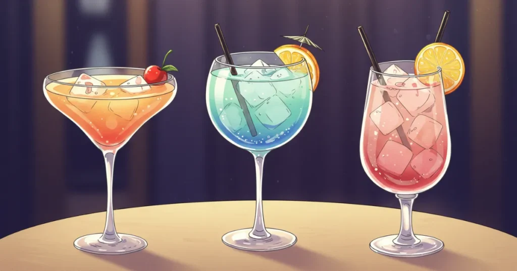 3つのカクテルが並んでいるイラスト