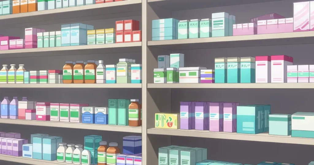 EDに効果が見込める薬が棚に並んでいるイラスト