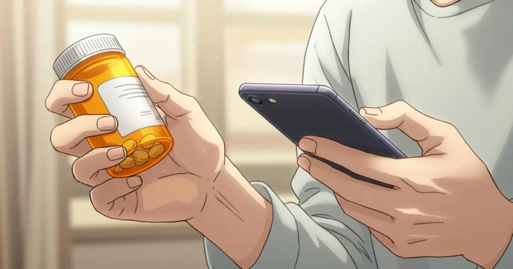 EDに効果が見込める薬をスマホで調べている男性のイラスト