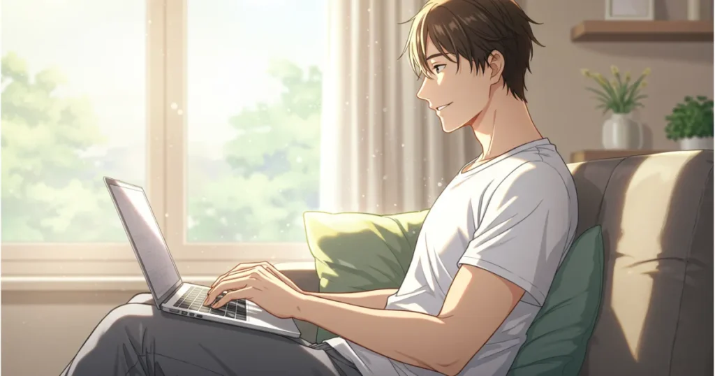 パソコンで調べ物をしているEDの男性のイラスト