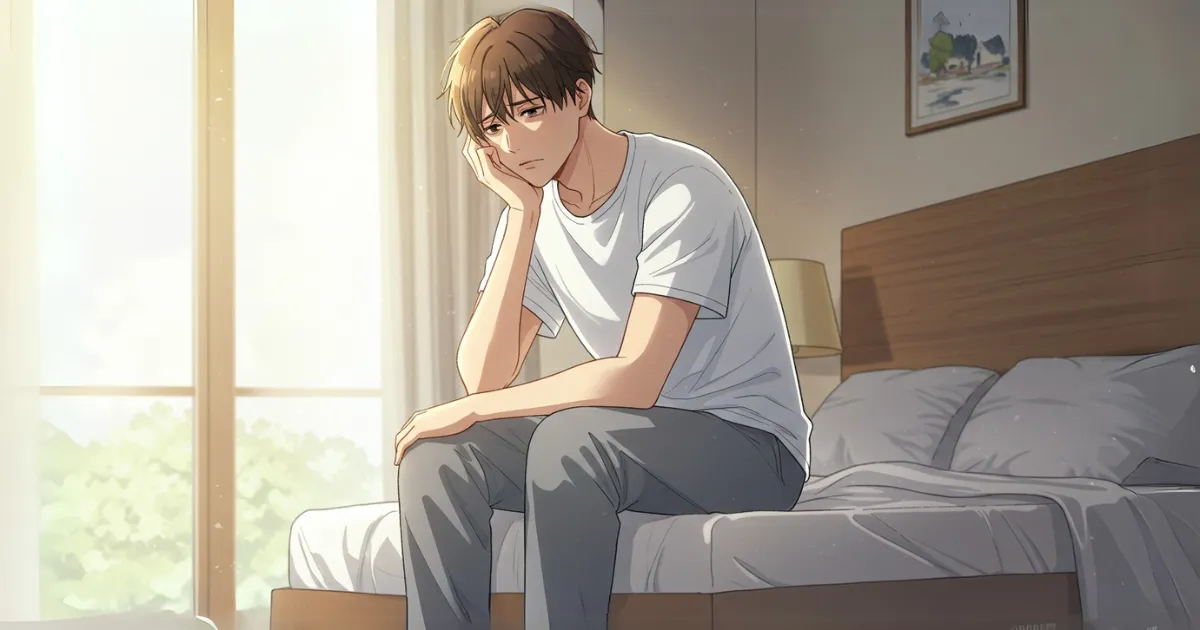ベッドに座りながらEDが改善できないか悩んでいる男性のイラスト