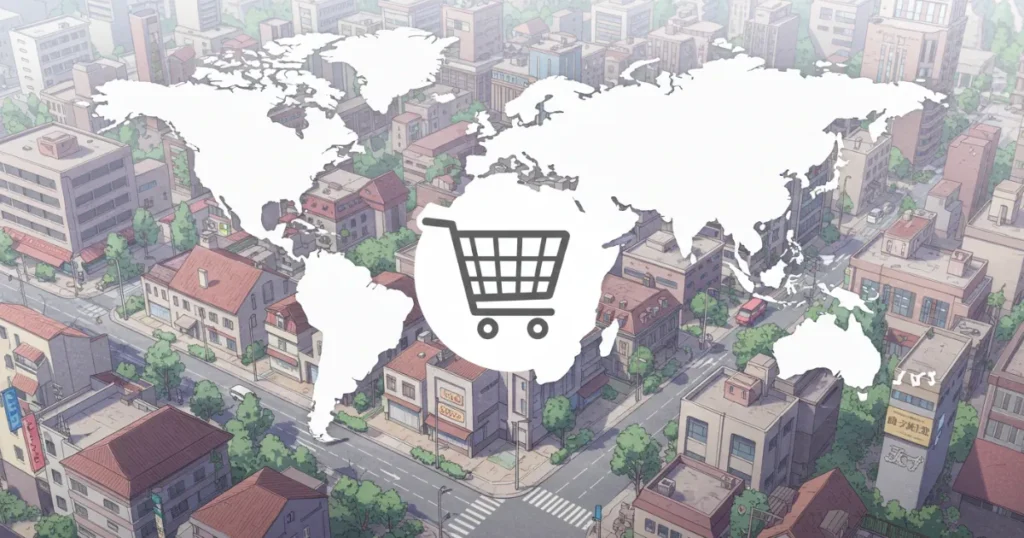 世界中のお店から商品を購入できる形をイメージしたイラスト