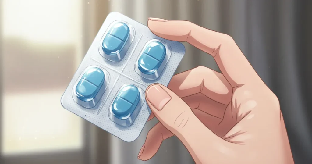 EDに効果が見込める青い薬を持っているイラスト