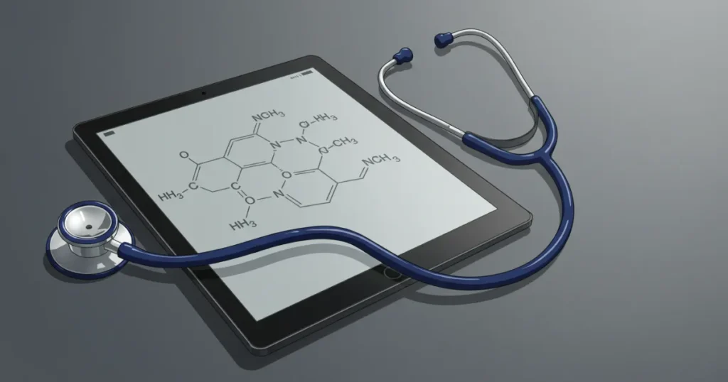 EDに効果が見込める成分の構造式が描かれたタブレットと聴診器のイラスト