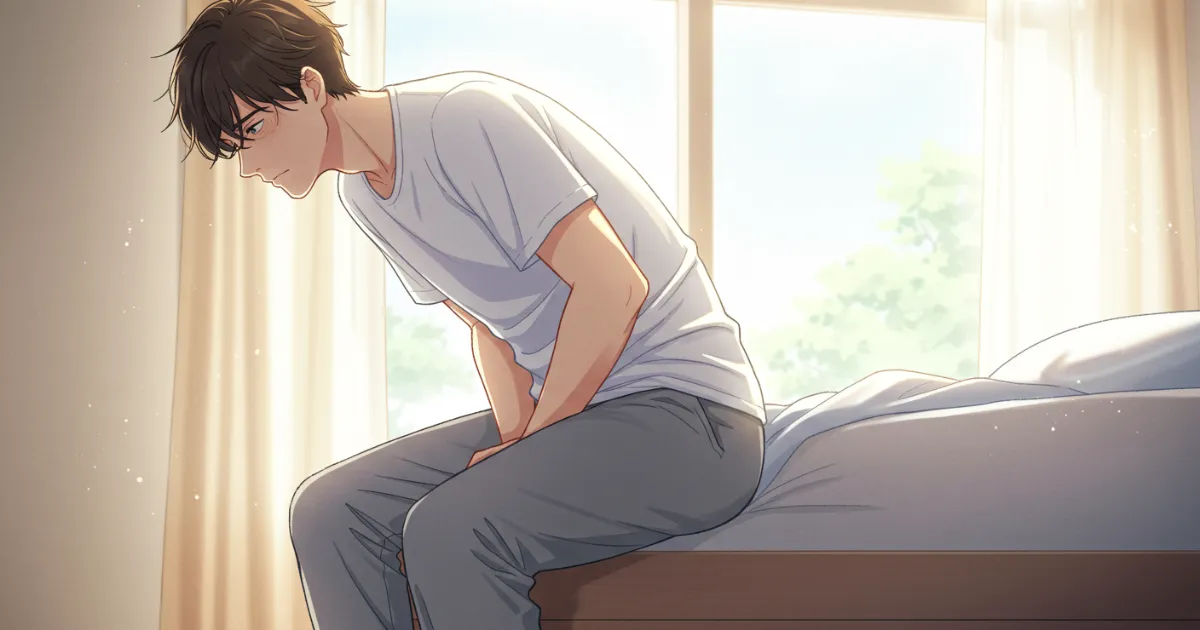 EDに悩んで股を押さえている男性のイラスト