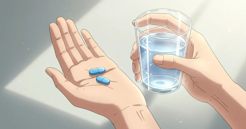 女性がいきやすくなる薬を飲もうとする様子