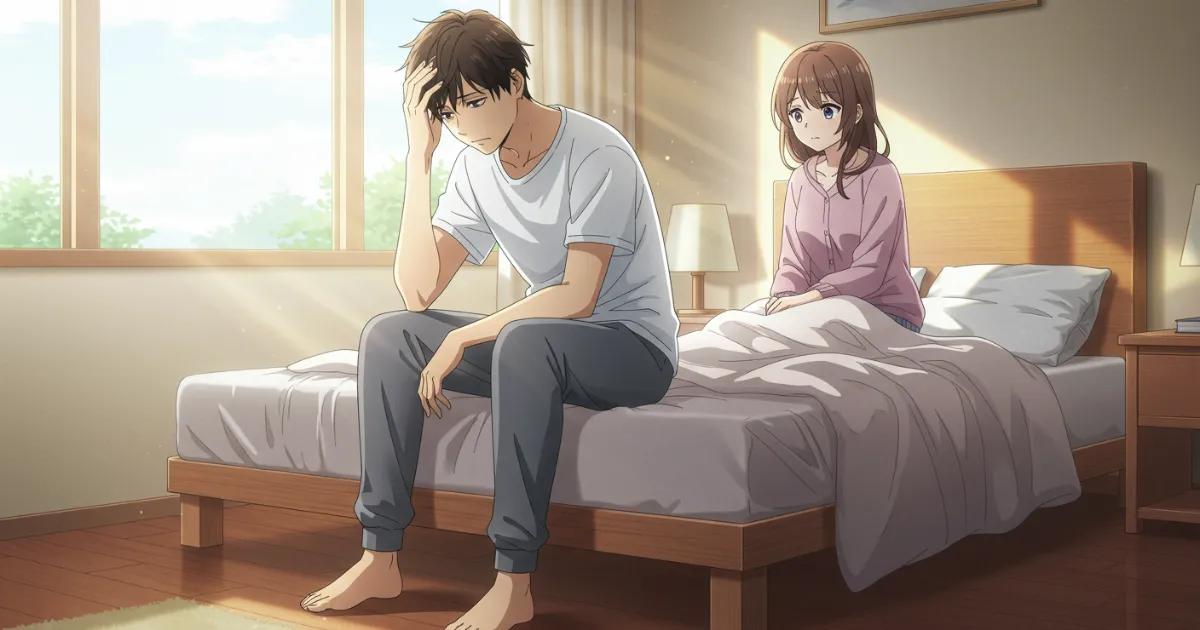 器質性EDで悩んでいる男性と見守る女性のイラスト