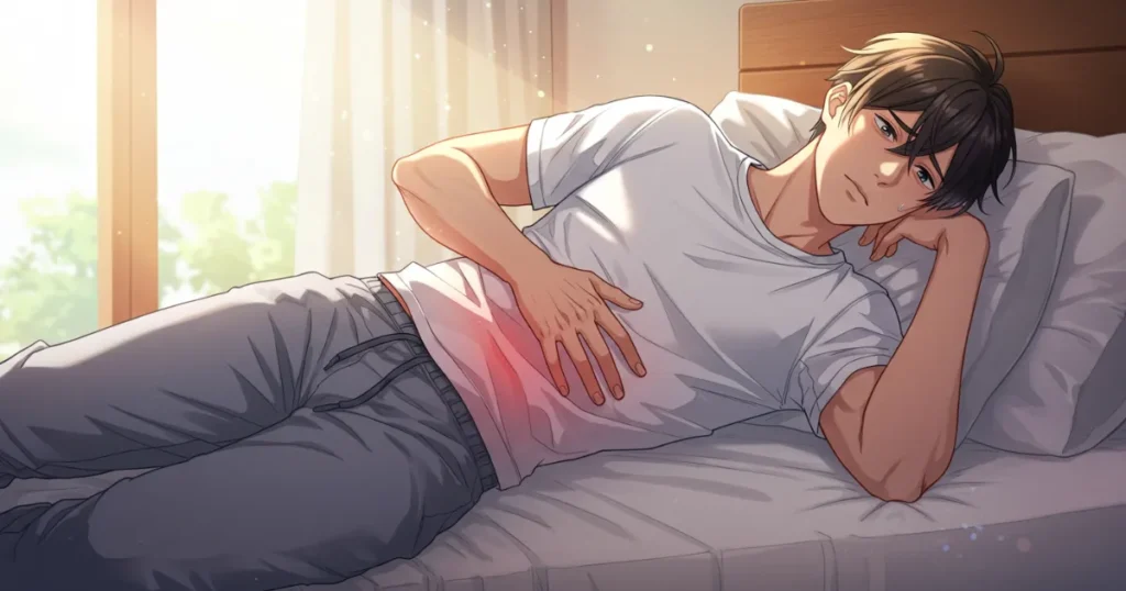 器質性EDについて悩んでいる男性がお腹を手を当てているイラスト