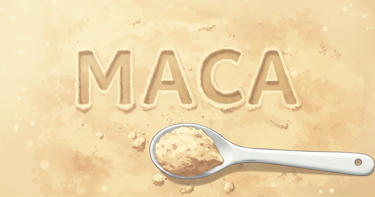 マカの粉でMACAという文字を作っているイラスト