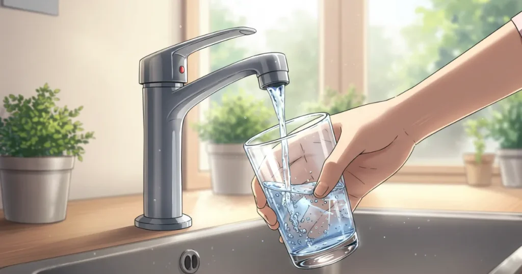 透明のコップに水道から水を入れているイラスト