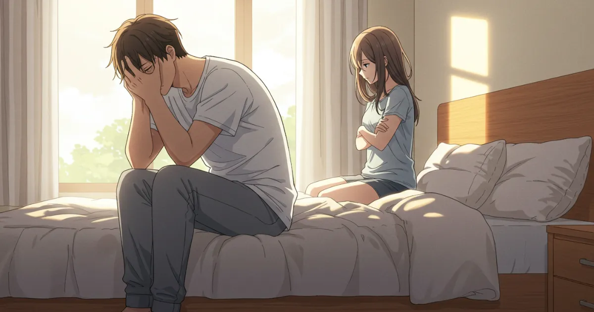 中折れに悩む男性と落ち込んでいる女性のイラスト