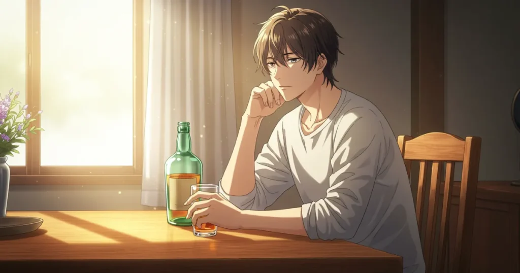 EDに悩んでいる男性がお酒を飲んでいるイラスト