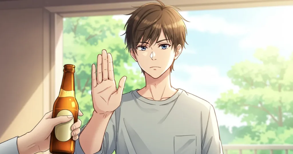 EDに悩む男性がお酒を断っているイラスト