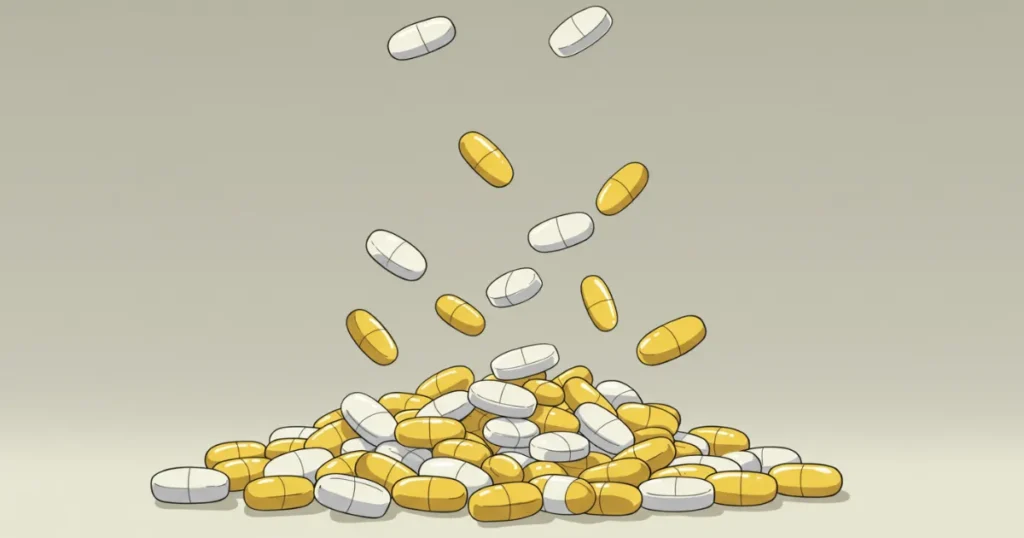 EDに効果がある黄色と白の錠剤が描かれているイラスト