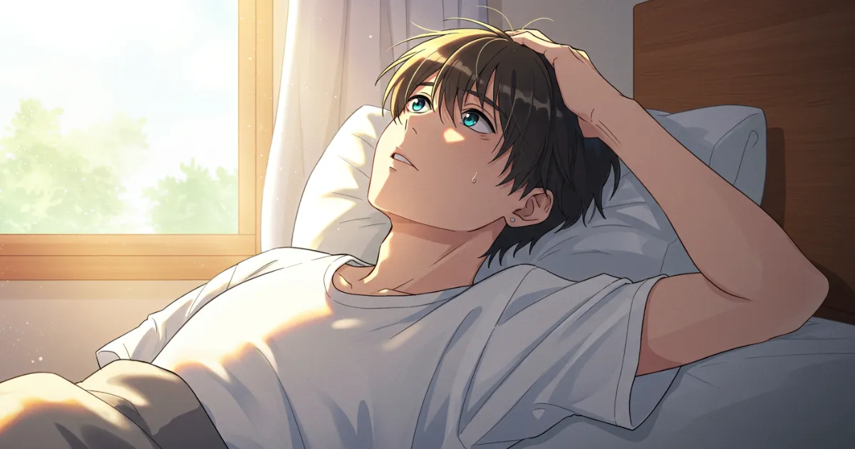 心因性EDの男性がベッドの上で悩んでいるイラスト
