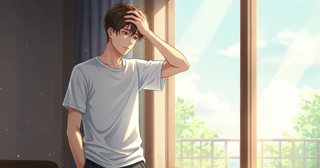 窓の外を見ながら悩んでいるEDの男性のイラスト