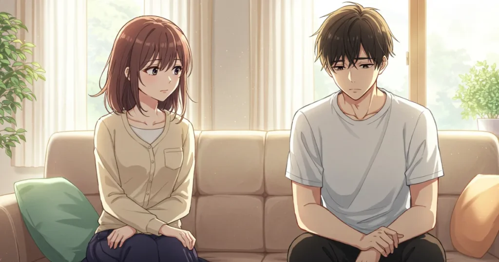 妻だけEDの男性を不安そうに見つめる妻のイラスト