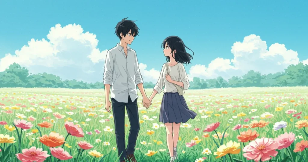 花畑で手を繋ぎながら歩く男女のイラスト