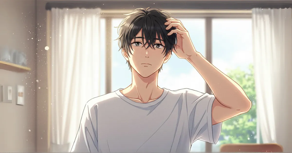 EDの20代くらいの男性が上を見ながら悩んでいるイラスト