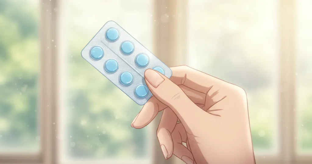 EDに効果が見込める青色の薬を持っているイラスト