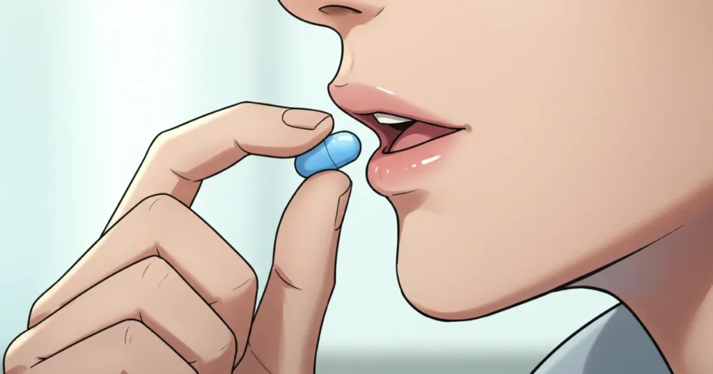 EDに効果のある薬を飲もうとしているイラスト