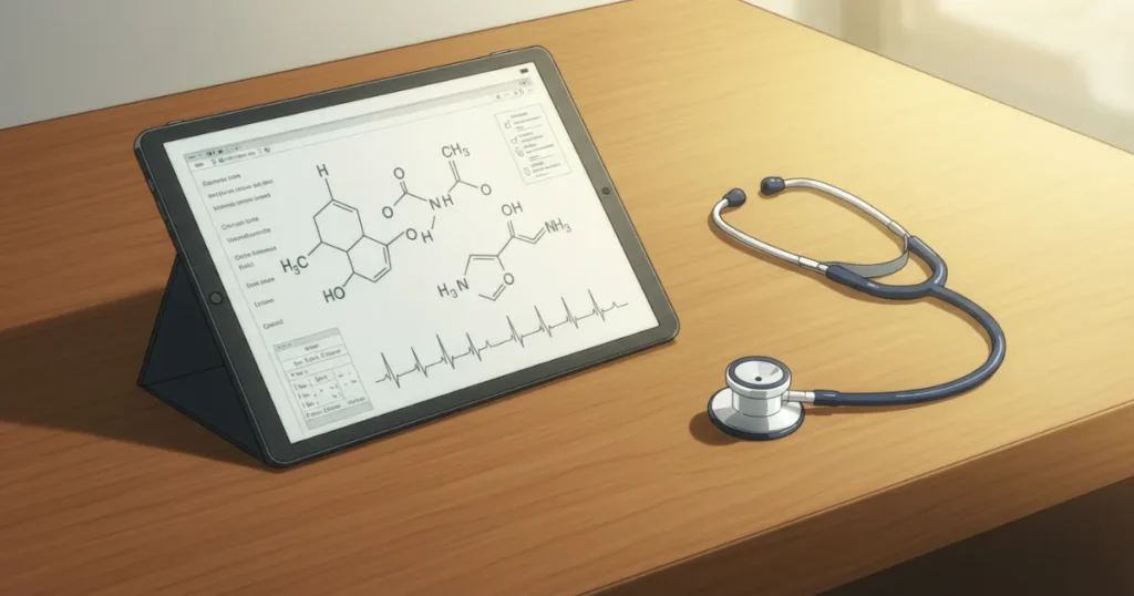 タブレットに化学式が描かれているイラスト