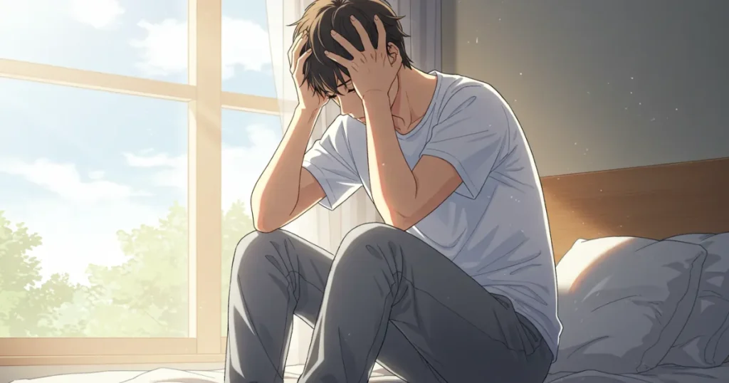 EDの男性がベッドの上で頭を抱えているイラスト