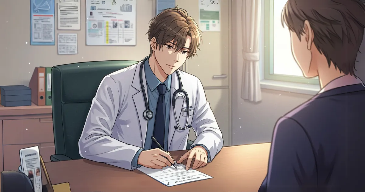 EDの男性に問診をして処方する薬を決めている医師のイラスト