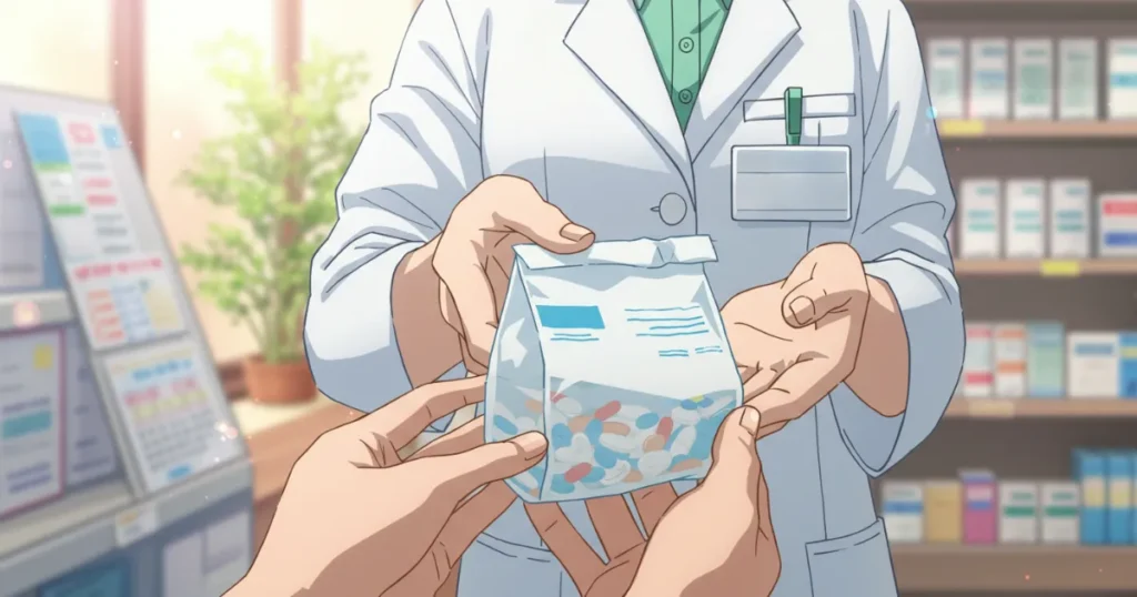 EDに効果が見込める薬を手渡している薬剤師のイラスト