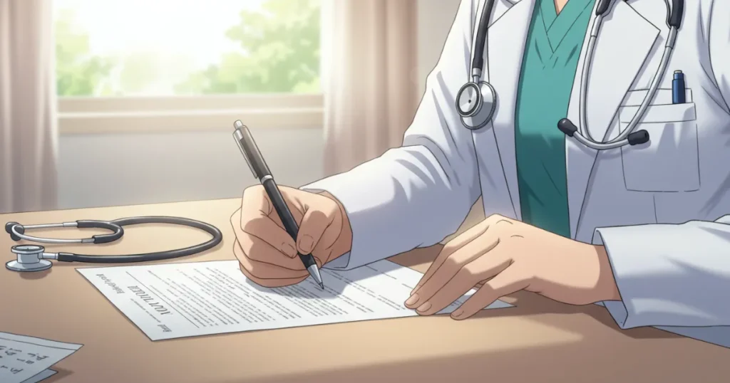 EDの男性に処方した薬を書類で確認している医師のイラスト