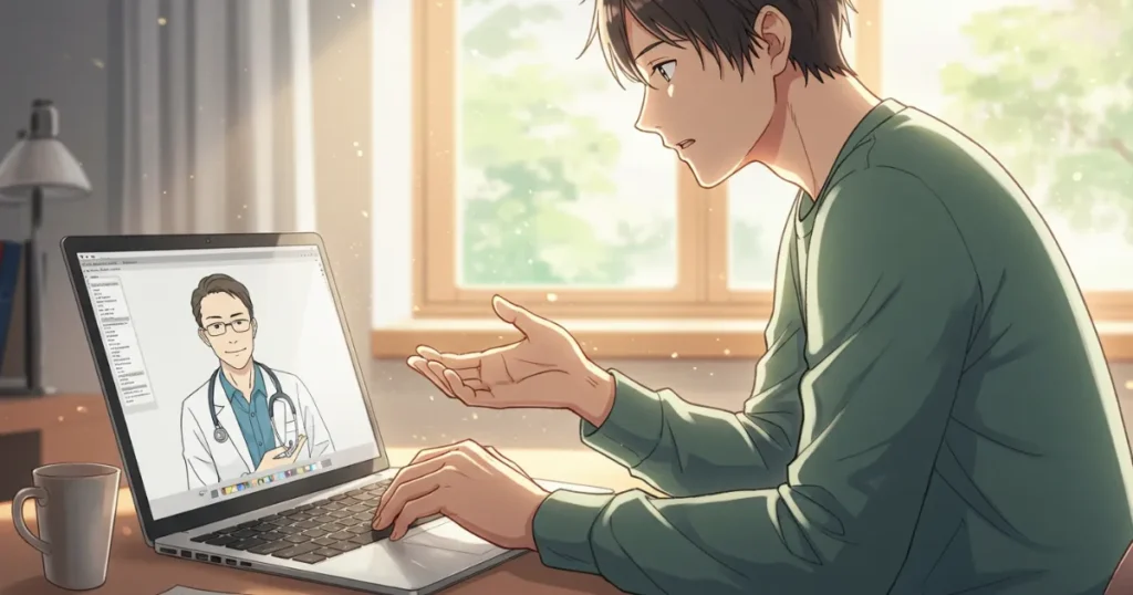 オンラインでEDについて相談している男性のイラスト