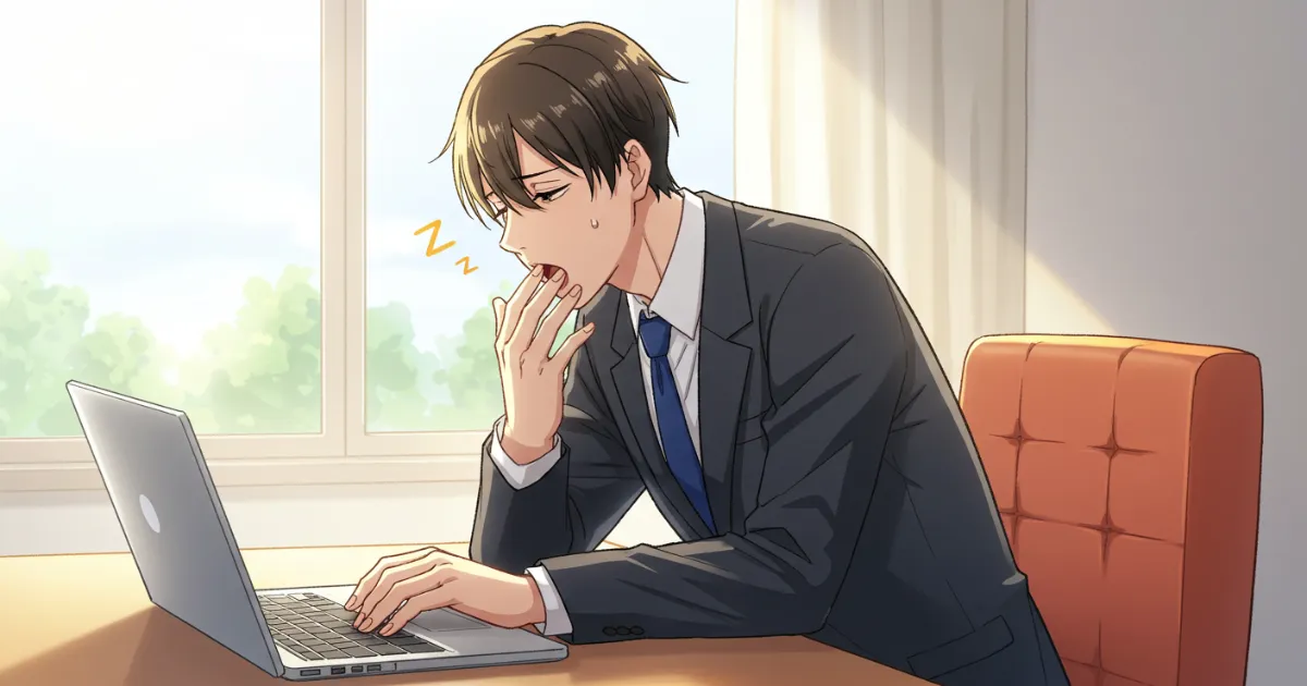 睡眠不足で眠たそうにしながらパソコンを操作しているEDの男性のイラスト
