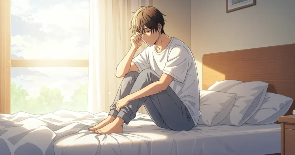 ベッドの上で眠たそうにしている睡眠不足の男性のイラスト