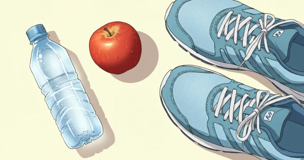 水とりんご、ランニングシューズのイラスト