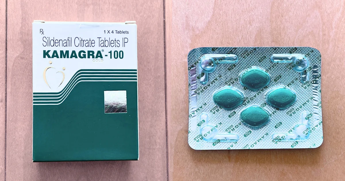 カマグラゴールド(KAMAGRA GOLD)100mgの箱と4錠入っているシート
