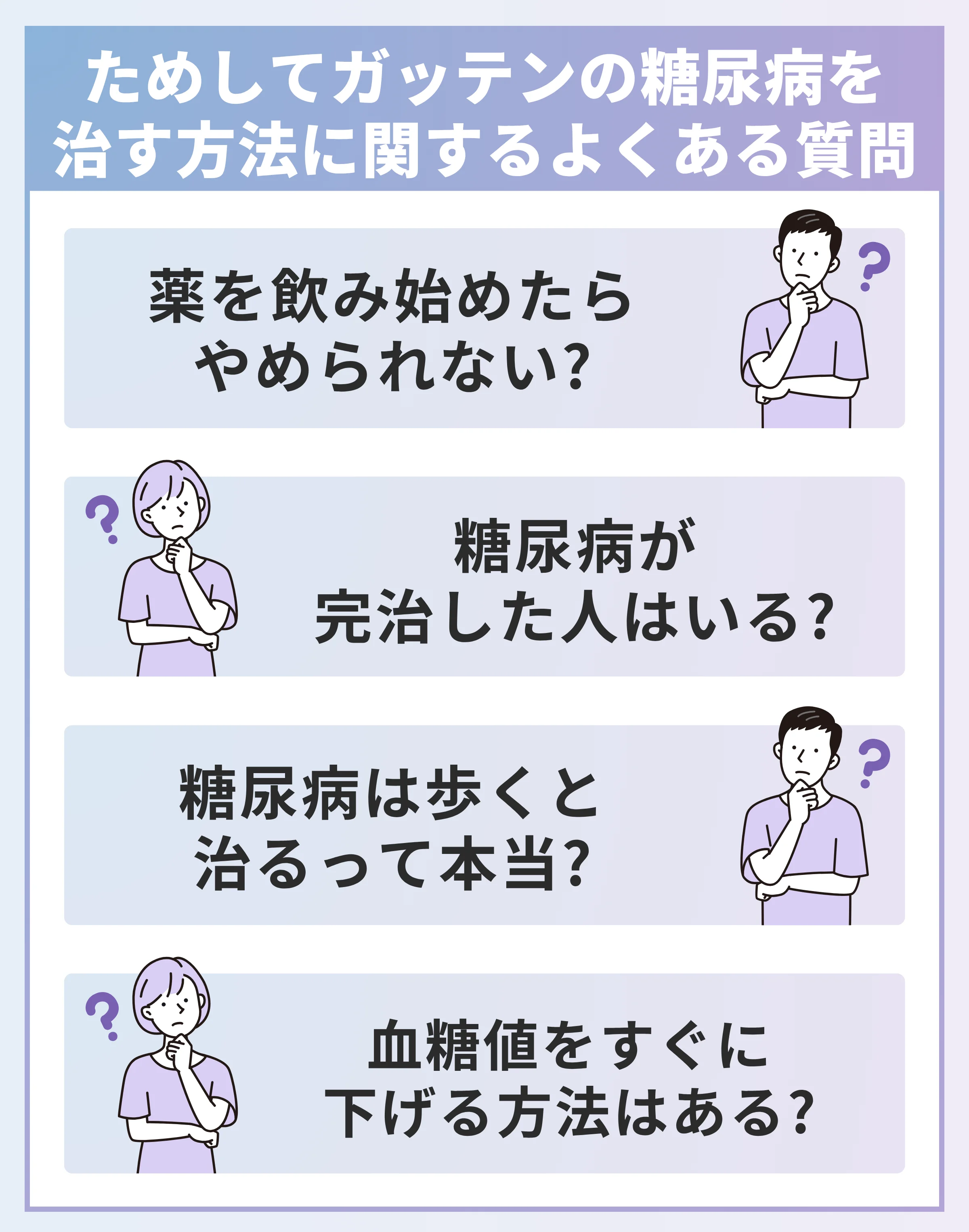 ためしてガッテンの糖尿病を治す方法に関するよくある質問
