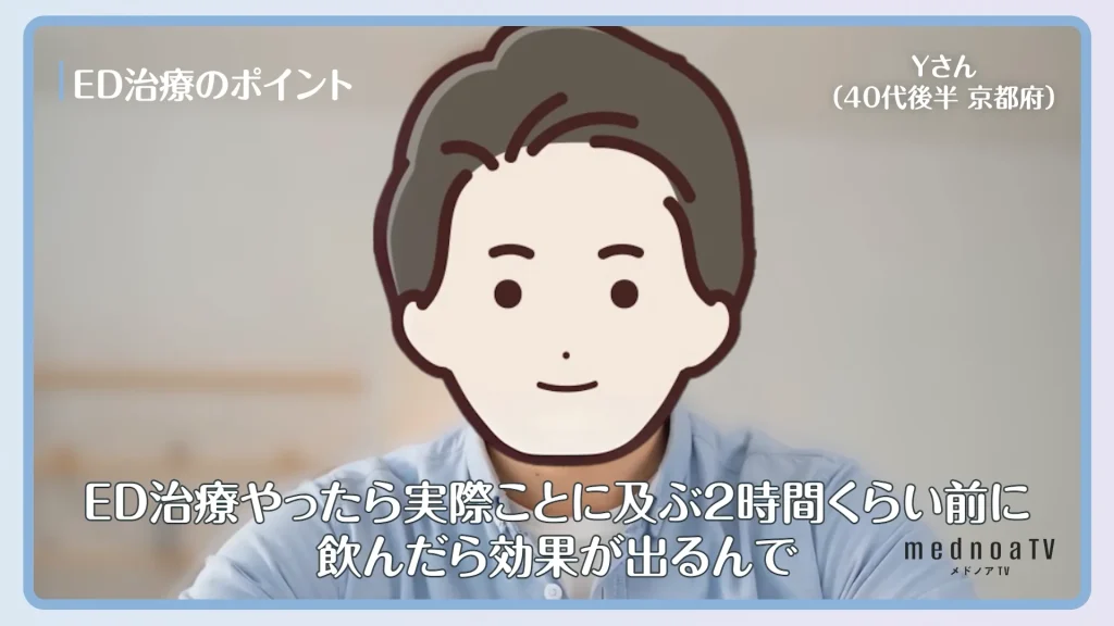 ED治療やったら実際ことに及ぶ2時間くらい前に飲んだら効果が出るんで