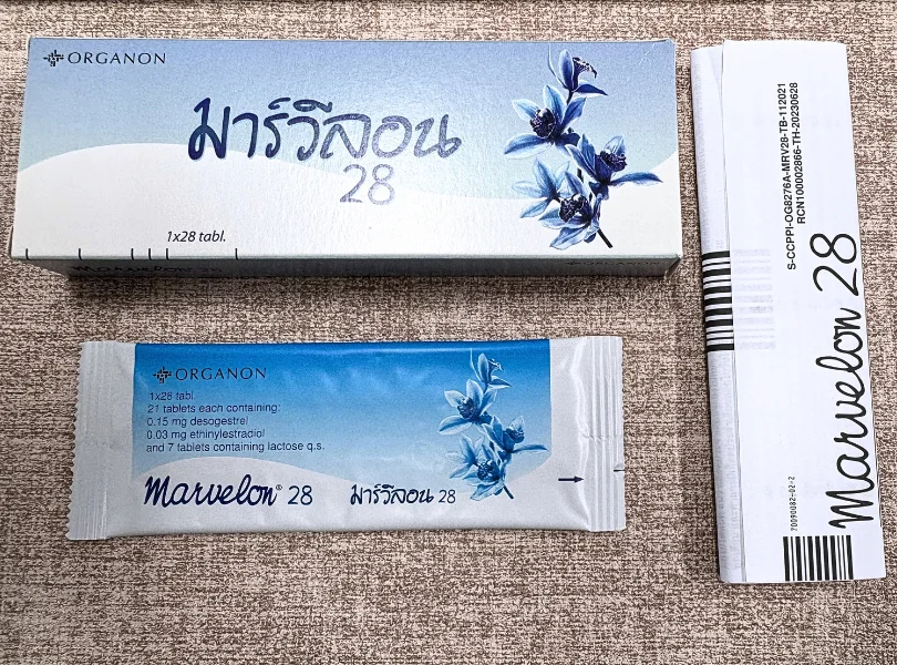 マーベロン28(Marvelon28)の箱と個包装されたシート、添付文書