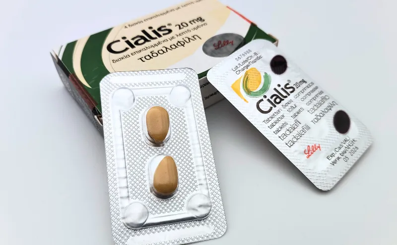 シアリス（Cialis）20mgの箱と2錠が入ったシートを表と裏の2つを箱に乗せて撮影した写真